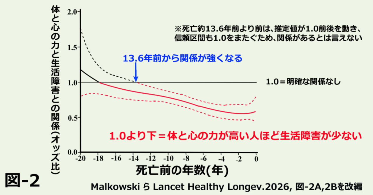 死亡20年前から死亡時までの内在能力と生活障害との関連を示すオッズ比。死亡約13.6年前から関連が統計的に明確になり、その後強くなる。