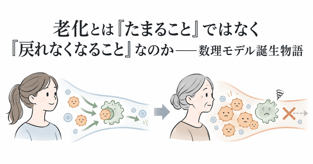老化細胞が増えるにつれて除去能力が頭打ちになり、元の状態へ戻りにくくなるSRモデルのイメージ